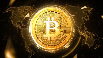 Golden bitcoin digital currency on world map, futuristic digital money, technology worldwide network concept 3D rendering