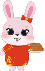 Pink Rabbit Girl Holding Grill Chicken for Chinese New Year Party Cartoon Design