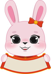 Pink Rabbit Girl Holding Chinese paper rolling sign flat icon design
