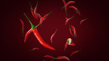 red pepper falling hot fire with flames in red background