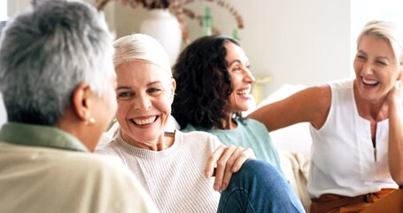 Senior women, friends and reunion at home talking, happy and together for quality time, communication and bonding on living room couch. Females laughing about comic conversation in retirement home - Powered by Adobe
