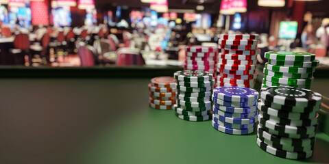 Naklejka na ściany i meble Poker chips stacks on green felt roulette table, blur casino interior background. 3d