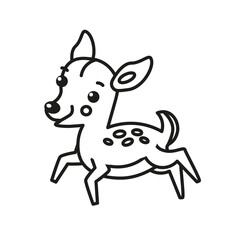 Cute isolated fawn in black outline on white background for design. Cartoon character. Vector illustration.