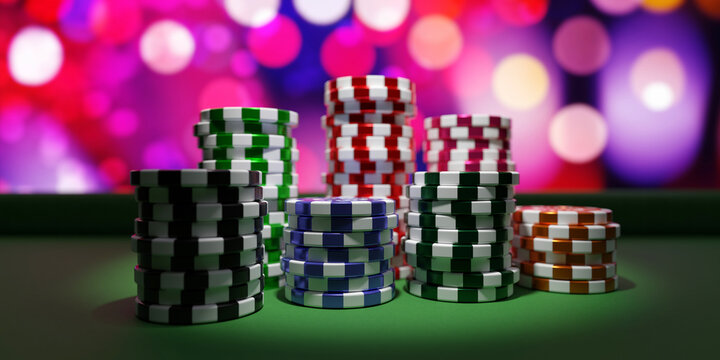 Gambling, Casino. Poker chips stack on green felt table 3d