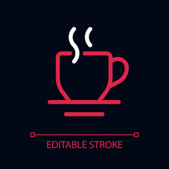 Hot beverage pixel perfect color linear ui icon for dark theme. Morning tea. Coffee break. Outline isolated user interface pictogram. GUI, UX design for night mode. Editable stroke. Arial font used