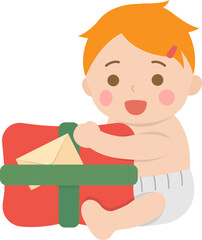 Set of happy cute babies or toddlers with gift boxes, christmas or birthday, giving gifts, vector cartoon style