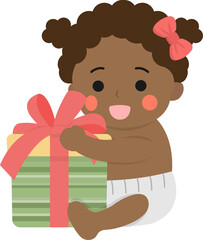 Happy cute baby or toddler with gift box, christmas or birthday, giving gift, afro ethnicity with dark skin tone