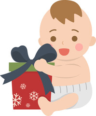 Happy cute baby or toddler with gift box with ribbon, christmas or birthday, gift giving, vector cartoon style