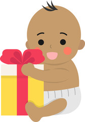 Happy cute baby or toddler with gift box, christmas or birthday, giving gift, afro ethnicity with dark skin tone