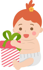 Happy cute baby or toddler with gift box with ribbon, christmas or birthday, gift giving, vector cartoon style