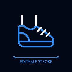 Sneaker pixel perfect color linear ui icon for dark theme. Sport footwear. Running, jogging. Outline isolated user interface pictogram. GUI, UX design for night mode. Editable stroke. Arial font used