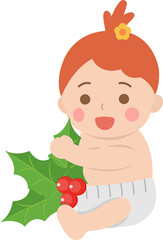 Happy cute baby or toddler with holly, celebrating christmas, vector cartoon style