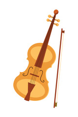 Obraz na płótnie Canvas Colourful violin with bow, isolated musical instrument on white background. Vector illustration in cartoon style for design.