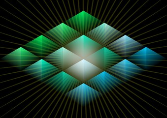 The illustrations and clipart. Abstract background with green triangles on dark space.