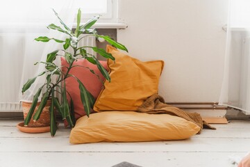 Corner with colorful pillows and a green plant against white wall - Hypnobirthing concept