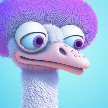 Illustration of a thoughtful flufy textured 3d purple ostrich 