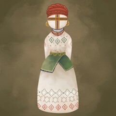 Ukrainian national doll named Motanka. A braided red scarf on the head. In a white traditional embroidered dress. Draw in digital art national style. Ancient amulet. Historical attributes are national