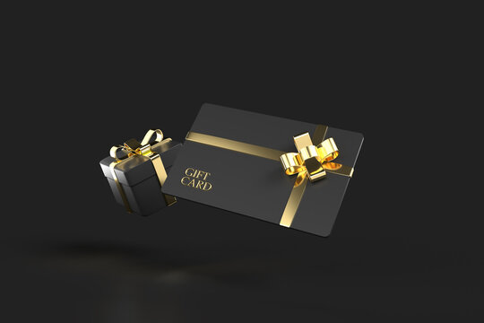 Luxury privilege gift card and a gift box with a golden ribbon for loyalty membership on a dark background. 3D rendering isolated with clipping path.