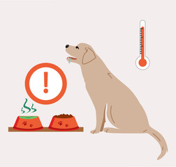 Flat style illustration. Labrador sits next to a bowl of food. The water has deteriorated. Dirty drinking water. Heat and thirst. Unreasonable keeping of animals