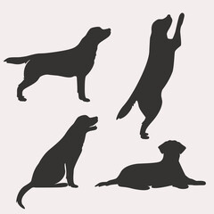 Labrador dog illustration. Set poses standing jumping. Various actions. silhouette 