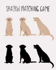 Labrador dog illustration. Set pos. Find the shadow game. Full color and silhouette.
