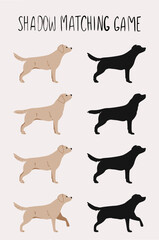 Labrador dog illustration. Set pos. Find the shadow game. Full color and silhouette.