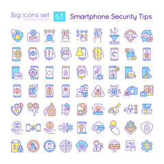 Smartphone security tips RGB color icons set. Hacking attack. Mobile phone protection. Isolated vector illustrations. Simple filled line drawings collection. Editable stroke. Quicksand-Light font used