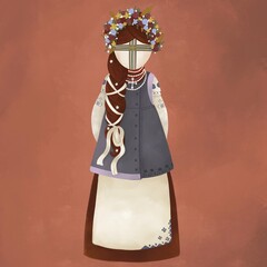 Ukrainian national doll named Motanka. Ukrainian traditional embroidered vest. Braided braid with flowers and a wreath. Women's traditional Slavic corals. Draw in digital art national style.
