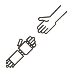 Human and robot hands together sticking out to eachoter. Vector icon representing the benefits humans can have with artificial intelligence and robotic. AI benefiting humans.