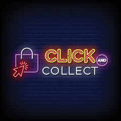 Neon Sign click and collect with brick wall background vector