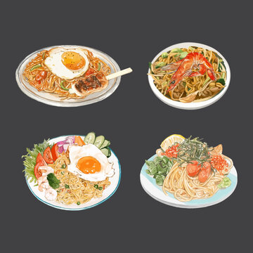 Set of fried noodles (mie goreng). Watercolor hand drawn illustration.