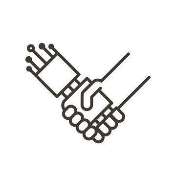 Human And Robot Hands Together As One Handshake. Vector Icon Representing The Benefits Humans Can Have With Artificial Intelligence And Robotic. AI Benefiting Humans.