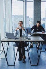 A female manager sits at a desk using a laptop in a modern office with a colleague in the background. Working atmosphere in an office with large windows.