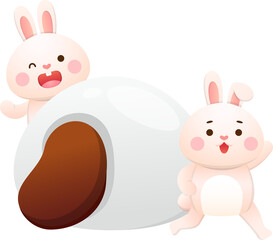 Cute rabbit character or mascot, lantern festival or winter solstice with glutinous rice balls, asian glutinous rice sweets, flavors and fillings, vector cartoon style