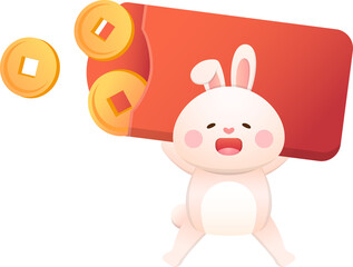 Cute rabbit character or mascot, Chinese new year, reward with red paper bag, year of the rabbit, vector cartoon style