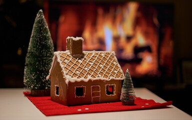 Decorated christmas gingerbread house in homely cozy atmosphere.