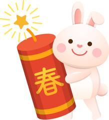 Cute rabbit character or mascot with firecrackers for Chinese New Year, Year of the Rabbit, vector cartoon style