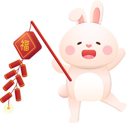 Cute rabbit character or mascot with firecrackers for Chinese New Year, Year of the Rabbit, vector cartoon style