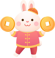 Cute rabbit character or mascot with gold coins, Chinese lunar new year elements, year of the rabbit, vector cartoon style
