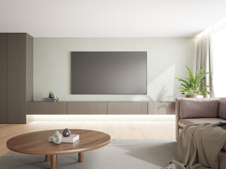 3D rendering of modern living room with TV screen and sofa.
