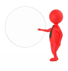 3d red character wearing a tie pointing his hand towards a circular shape