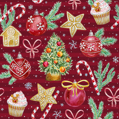 Red Christmas seamless pattern with ornaments, Christmas tree, candy canes and sprouse branches. Hand painted watercolor pattern
