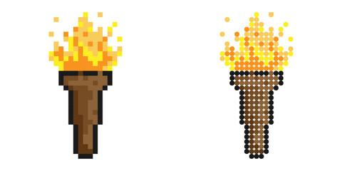 Fototapeta na wymiar Pixel icon. Torch icon with burning fire. Road lighting. Simple retro game vector isolated on white background