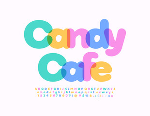 Vector colorful poster Candy Safe. Cute Kids Font. Bright Artistic Alphabet Letters and Numbers