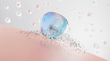 blackhead treatments dissolve oil. blackhead removal. Animation cleansing foam, absorbing dirty skin. Water deep cleaning, concept skin care cosmetics solution. Cleansing foam absorbs skin.