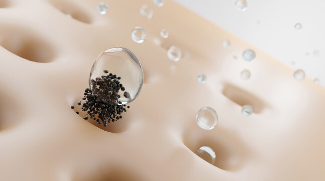 blackhead treatments dissolve oil. blackhead removal. Animation cleansing foam, absorbing dirty skin. Water deep cleaning, concept skin care cosmetics solution. Cleansing foam absorbs skin.