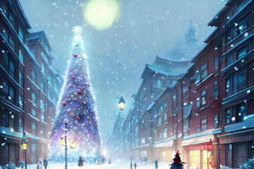 a christmas tree in a snowy city with snow flakes in the night - illustration - comic - anime - manga - painting