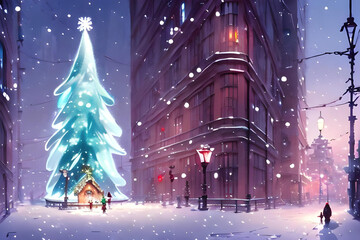 a christmas tree in a snowy city with snow flakes in the night - illustration - comic - anime - manga - painting