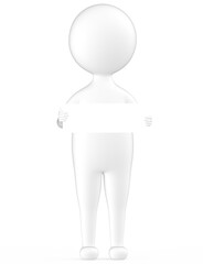 3d white character holding a small sized white blank banner to the center