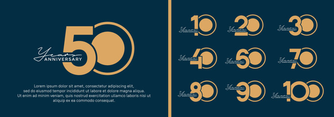 set of anniversary logo style flat golden color on blue background for celebration